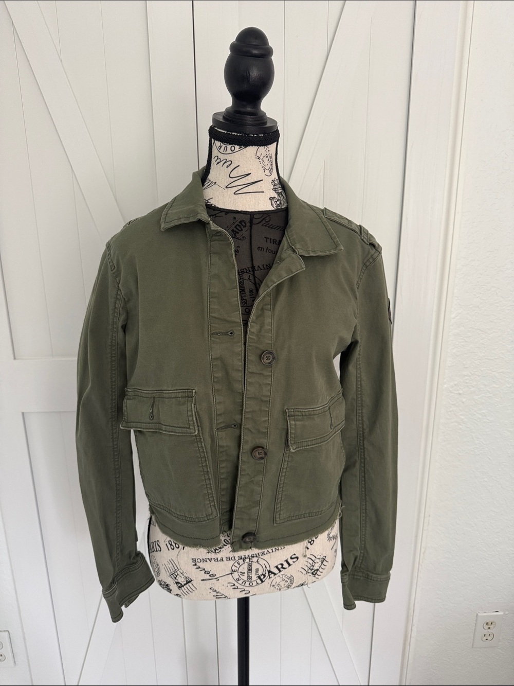 Hollister Olive Green Utility Jacket Womens Small Stretch Military Raw Hem Coat